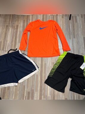 Nike Kids Orange Long-Sleeve Shirt, 2 Pairs of Athletic Shorts Large Youth